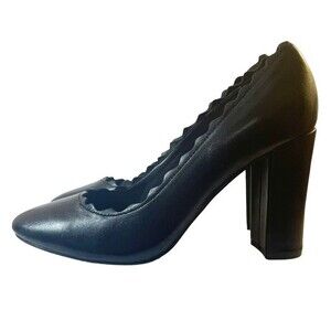 Crown Vintage Willow Black Leather Retro Scalloped Block Heel Pump Womens Size 9